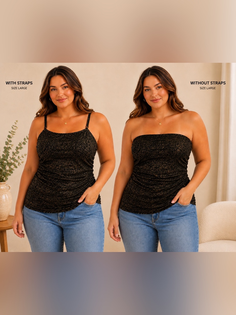 Sz L Black Gold Shimmer Tank Top Removable Straps Convertible Tube Top Heat
